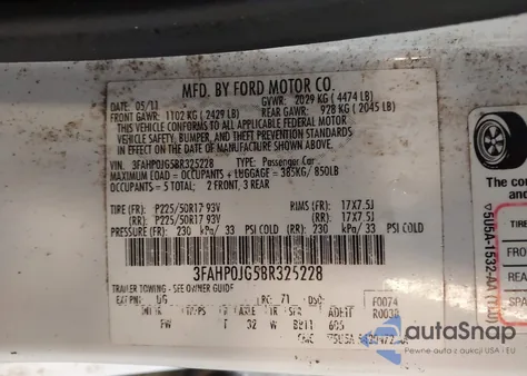 2011 Ford Fusion Sel from USA, damaged, VIN 3FAHP0JG5BR325228